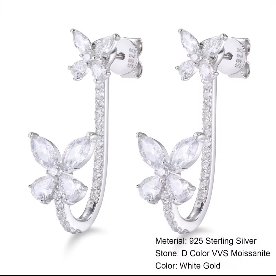 White Gold VVS S925 Marquise Cut Butterfly Earrings