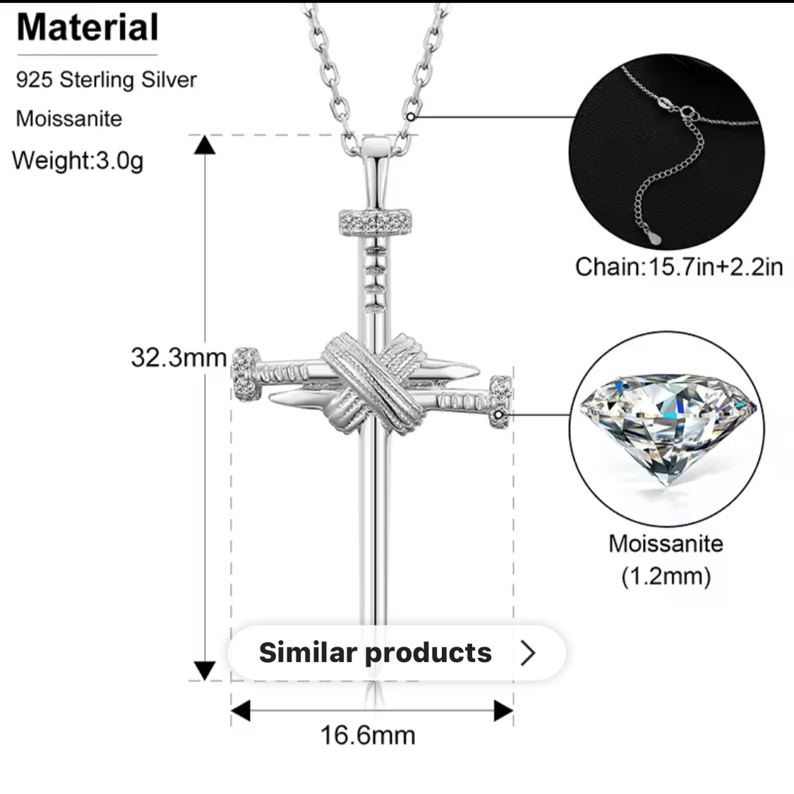 VVS D Color Moissanite Slim Dagger Cross Necklace