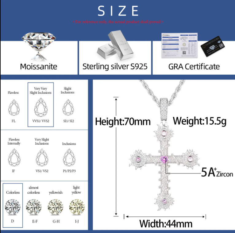 Moissanite VVS1 Thorns Cross Pendant White Gold