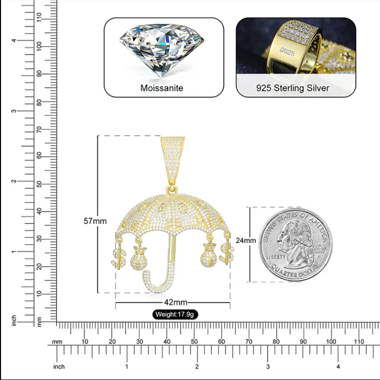VVS1 Moissanite Dollar Money Bag Umbrella Pendant White Gold