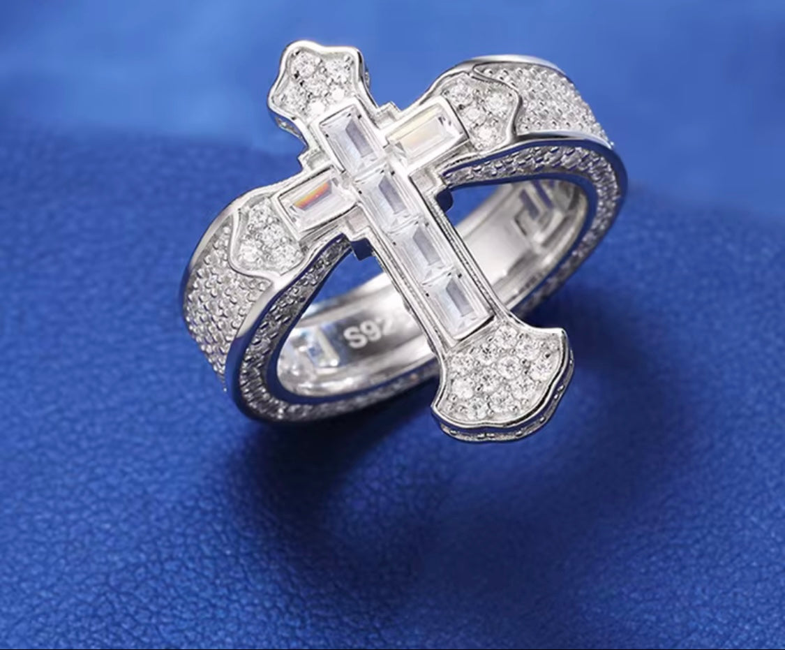 S925 Baguatte Moissanite Cross Ring