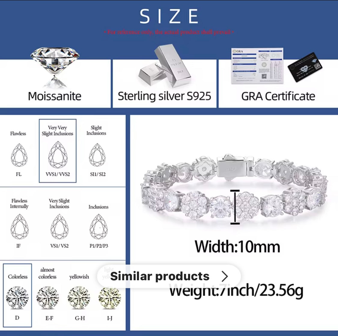 10mm S925 Sterling Silver Cluster Flower VVS1 Moissanite Tennis Bracelet