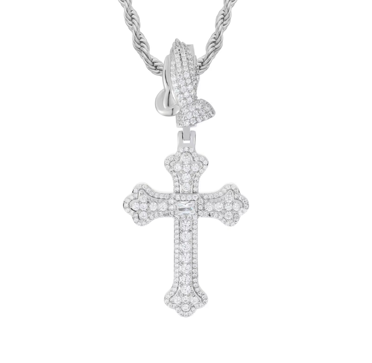 Moissanite Praying Hand Buckle Iris Cross Pendant White Gold