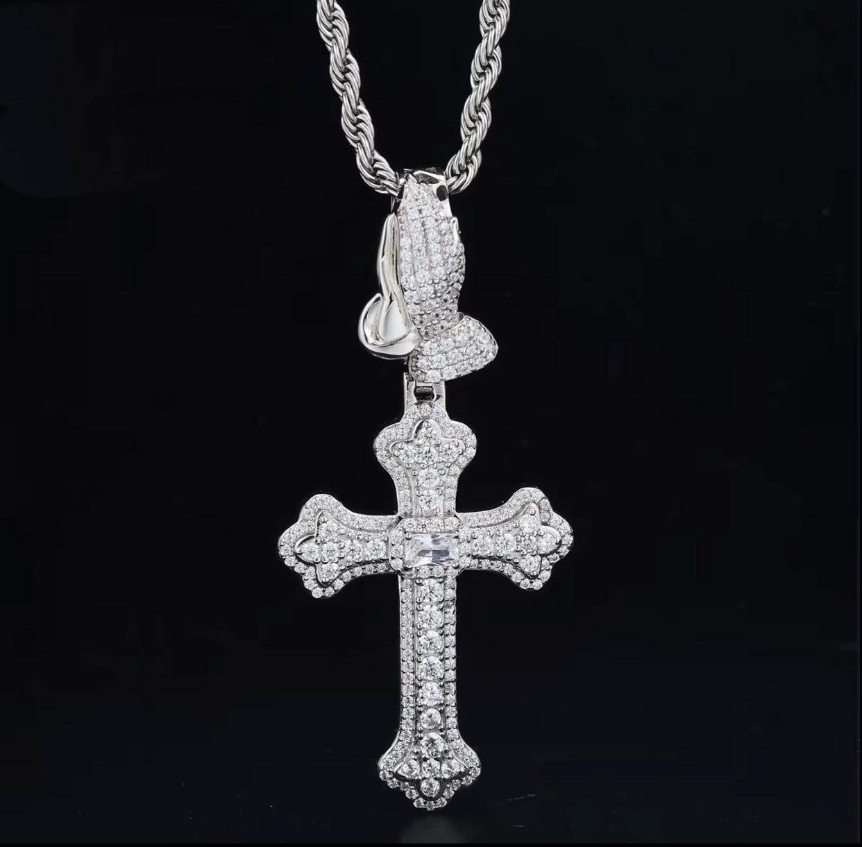 Moissanite Praying Hand Buckle Iris Cross Pendant White Gold